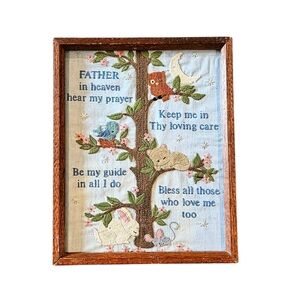 Vintage Completed Crewel Embroidery Framed Art Blessing Prayer Nursery Blue